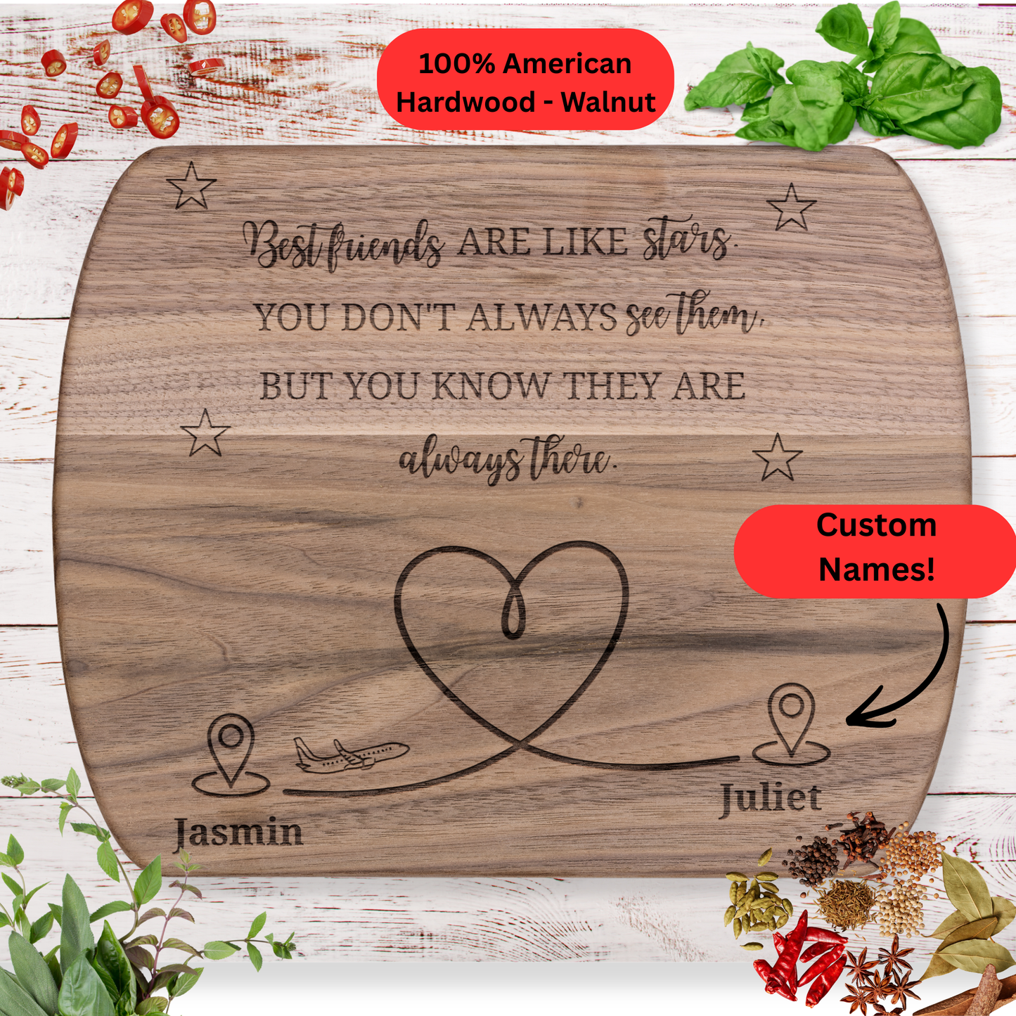 Personalized Cutting Board. Long Distance Friendship Gift. Custom Names. Maple or Walnut.