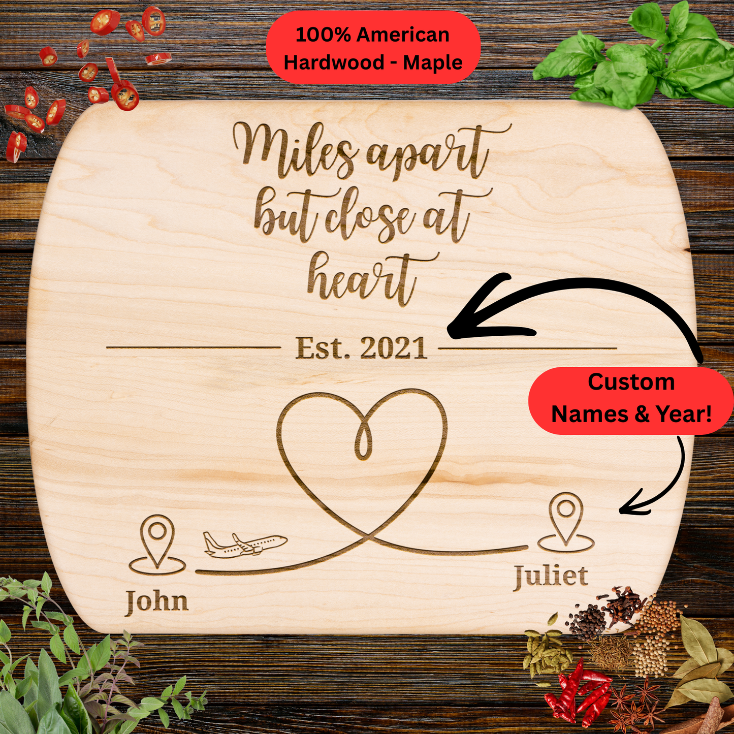 Personalized Cutting Board. Long Distance Gift. Custom Names and Year. Maple or Walnut