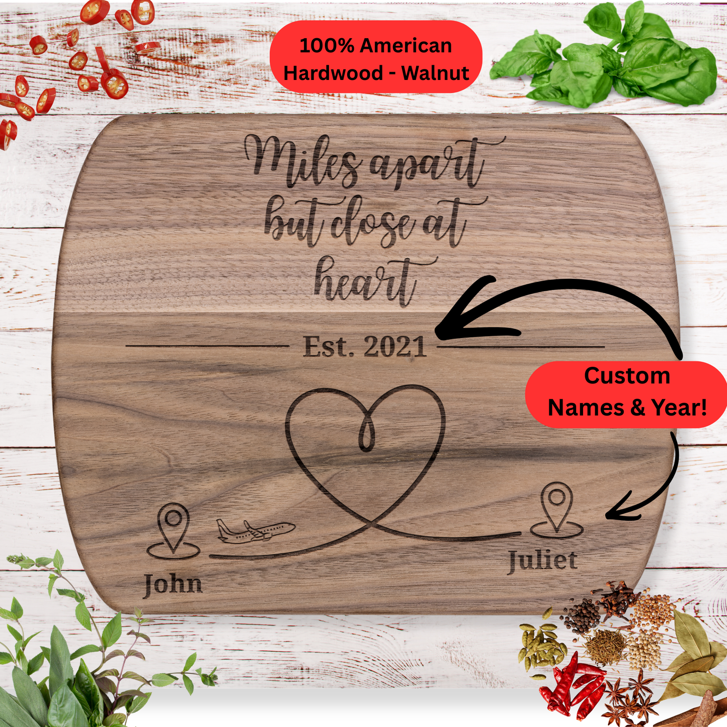 Personalized Cutting Board. Long Distance Gift. Custom Names and Year. Maple or Walnut