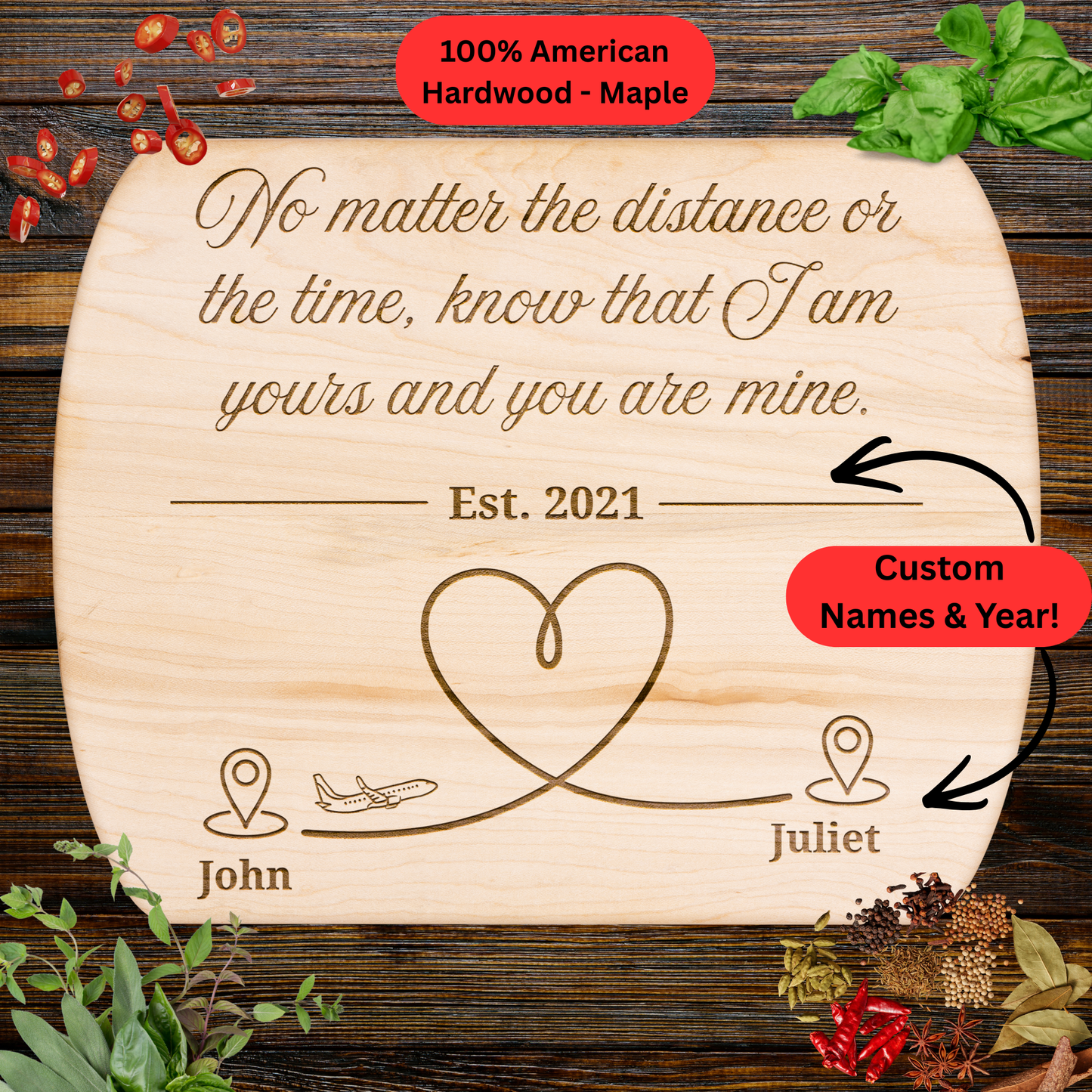 Personalized Cutting Board. Long Distance Couple Gift. Custom Names and Year. Maple or Walnut
