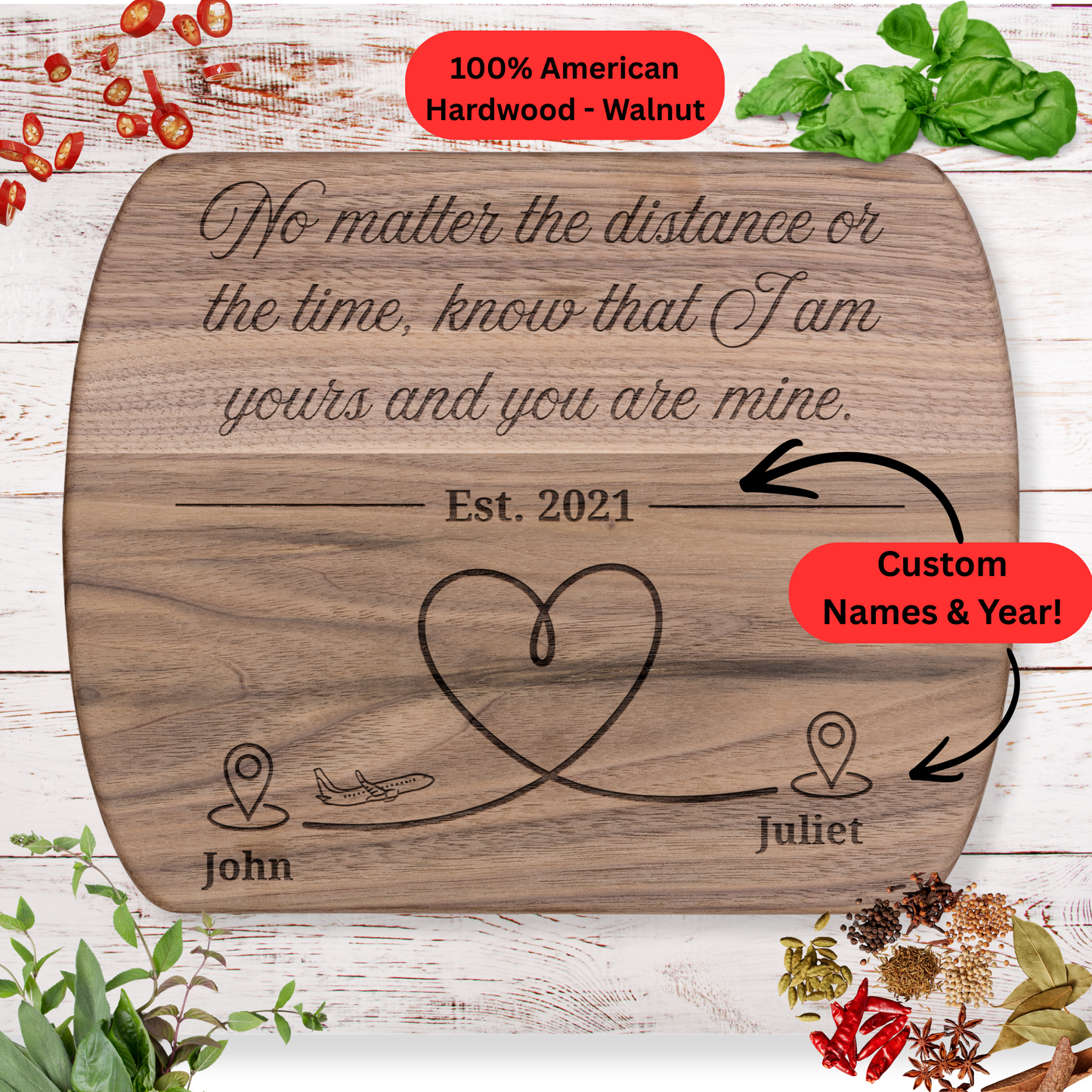 Personalized Cutting Board. Long Distance Couple Gift. Custom Names and Year. Maple or Walnut