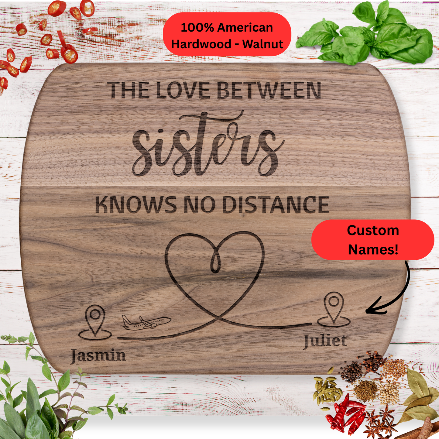 Long Distance Sister Gift Cutting Board. Personalized Names. Thoughtful Gift for Sister Far Away. Maple or Walnut
