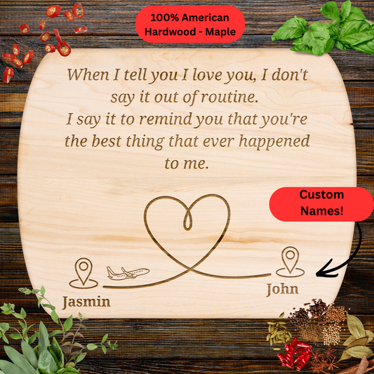 Long Distance Love Cutting Board. Personalized Names Gift. Romantic Gift for Someone Far Away. Maple or Walnut