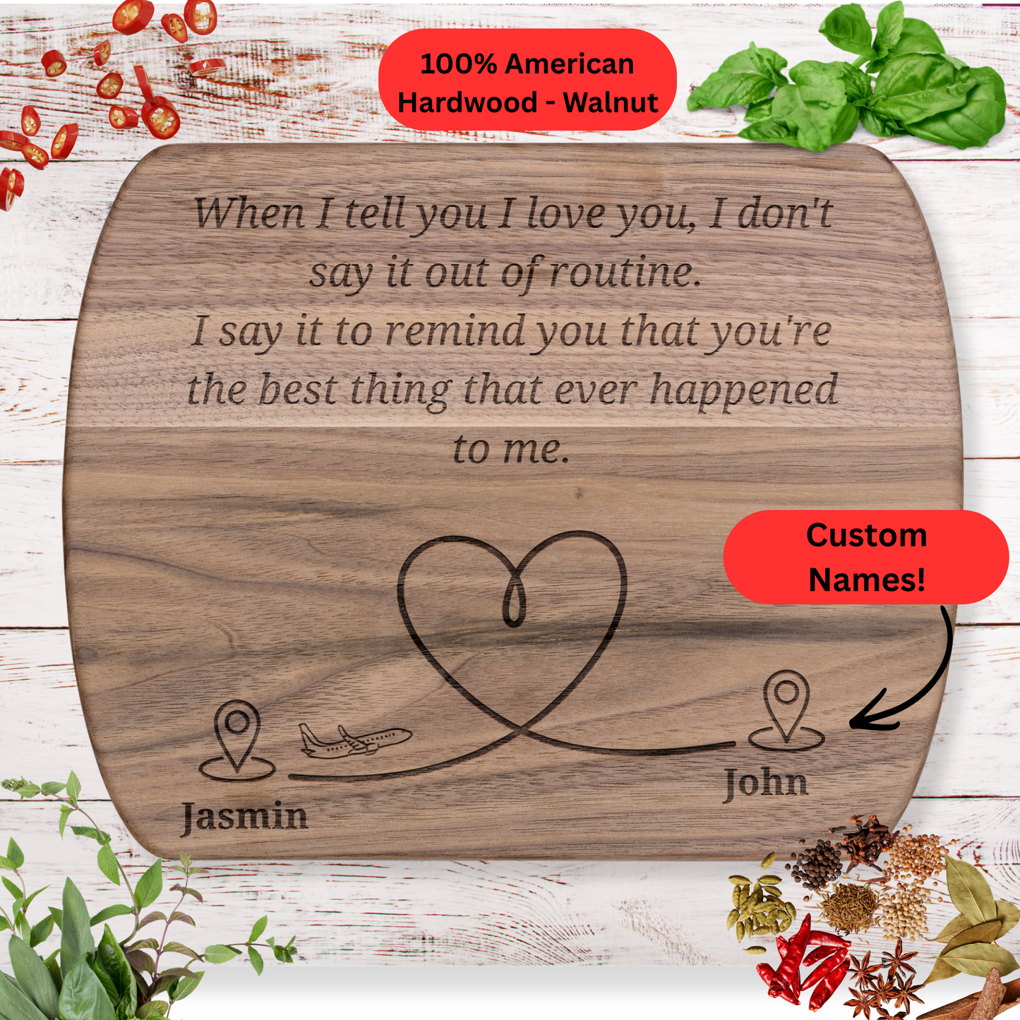Long Distance Love Cutting Board. Personalized Names Gift. Romantic Gift for Someone Far Away. Maple or Walnut