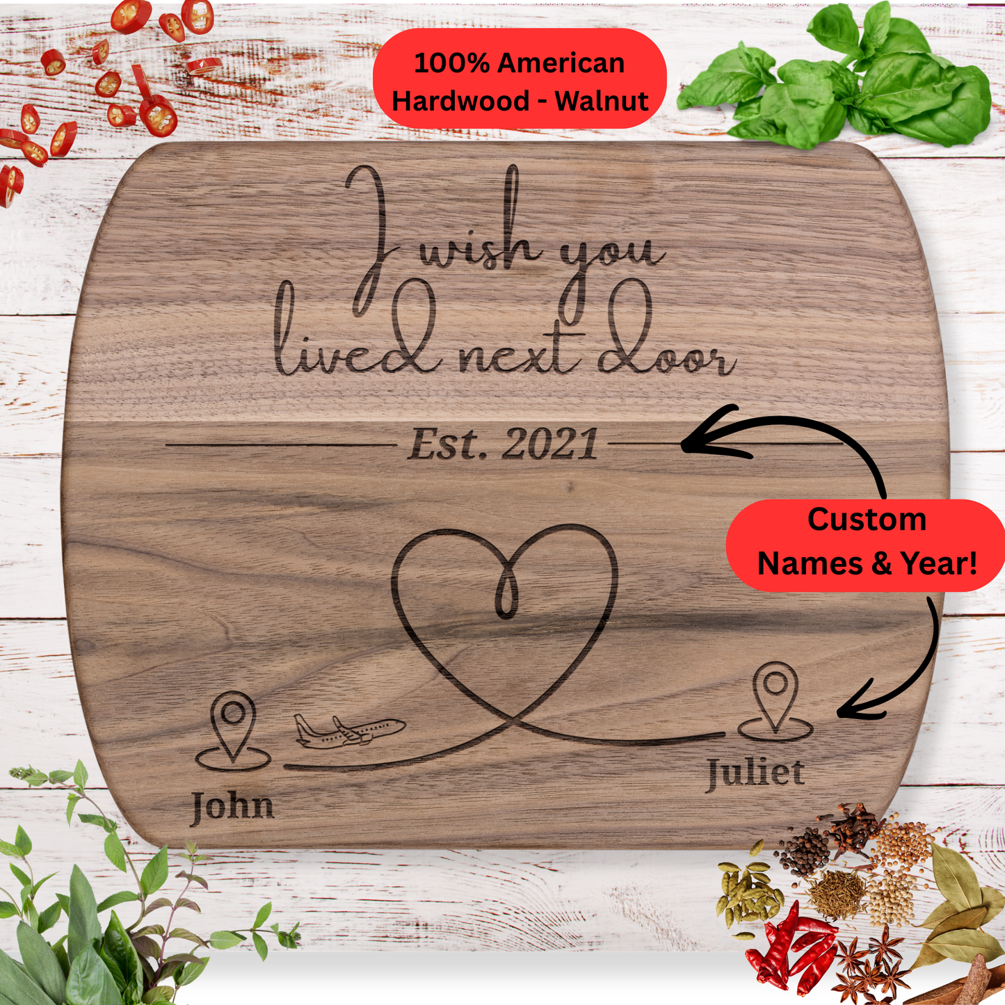 Long Distance Gift Cutting Board. Personalized Names. Meaningful Gift for Loved One Far Away. Maple or Walnut