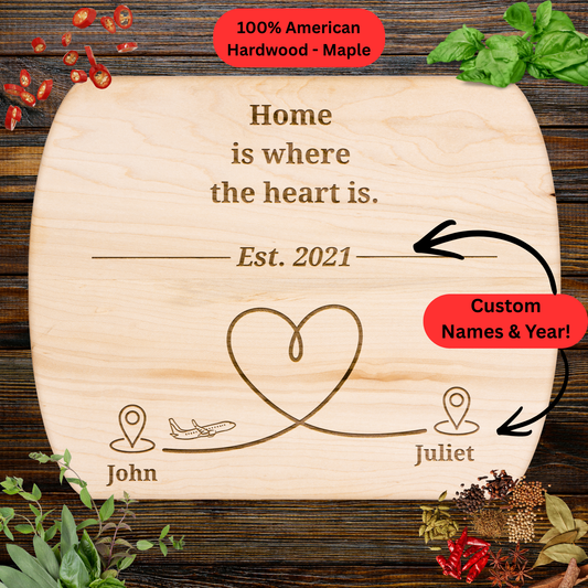 Long Distance Gift Cutting Board. Personalized Names. Thoughtful long distance gift. Maple or Walnut