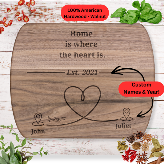 Long Distance Gift Cutting Board. Personalized Names. Thoughtful long distance gift. Maple or Walnut