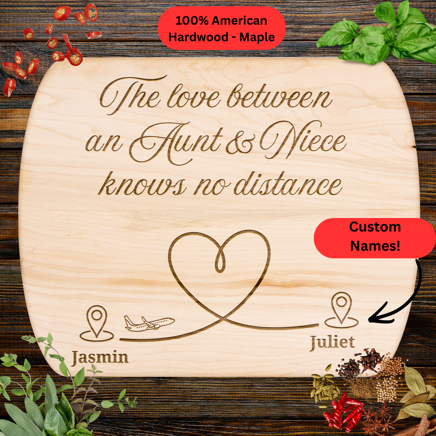 Aunt & Niece Long Distance Gift Cutting Board. Personalized Names Keepsake. Maple and Walnut