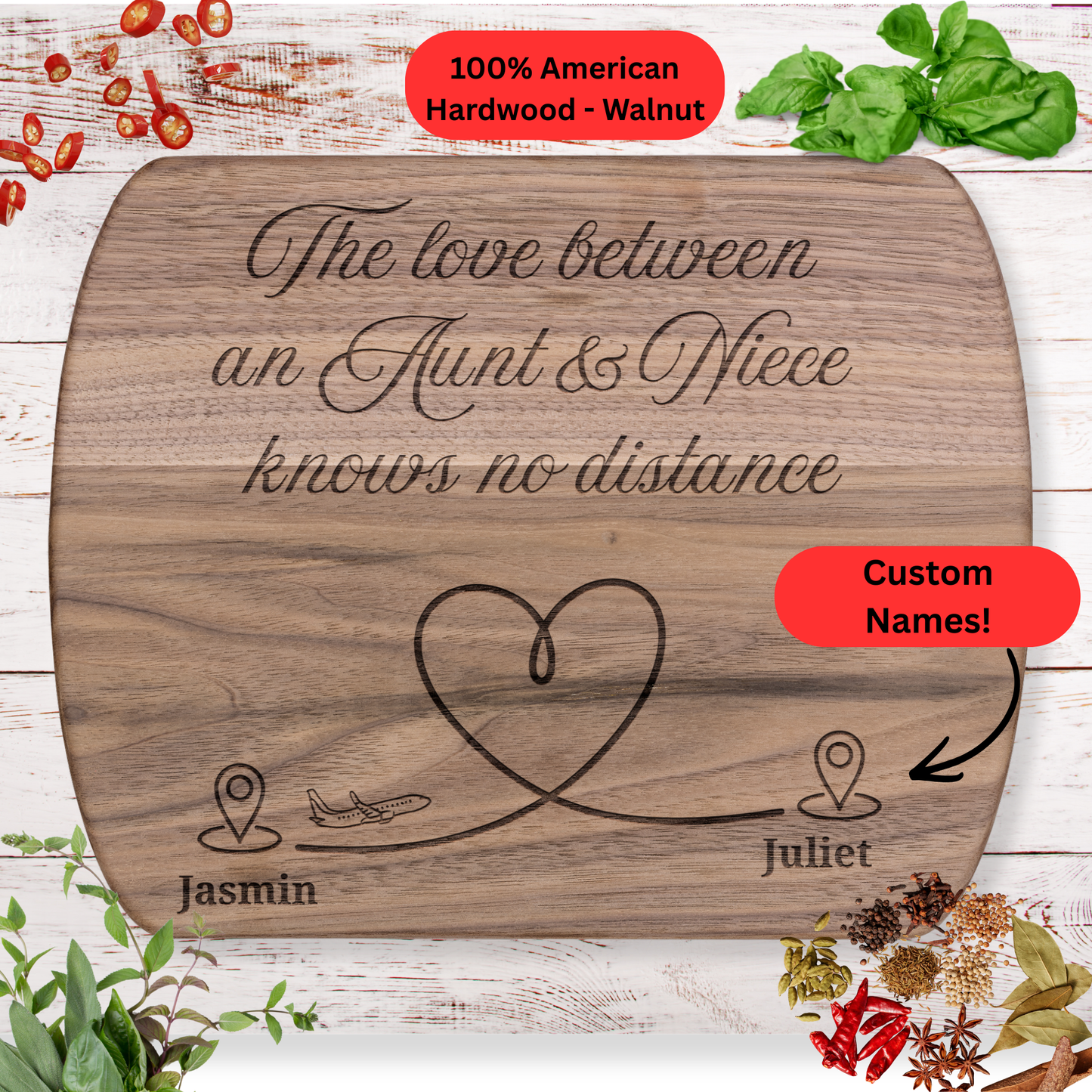 Aunt & Niece Long Distance Gift Cutting Board. Personalized Names Keepsake. Maple and Walnut