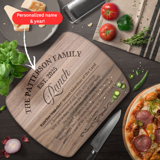 Personalized Ranch Cutting Board. Custom Family Name and Year. Rustic Farmhouse Gift. Ranch couple gift.