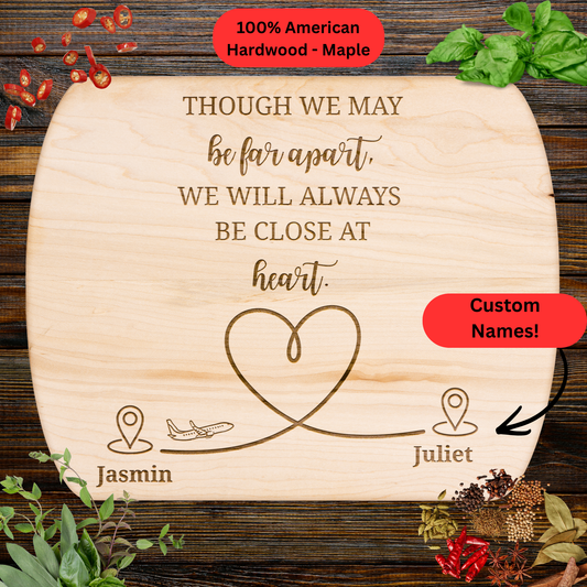 Long Distance Love Cutting Board. Personalized Names Gift. Maple or Walnut