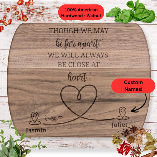Long Distance Love Cutting Board. Personalized Names Gift. Maple or Walnut