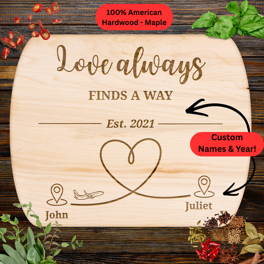 Long Distance Love Cutting Board. Personalized Names Gift. Romantic Gift for Someone Far Away. Maple or Walnut