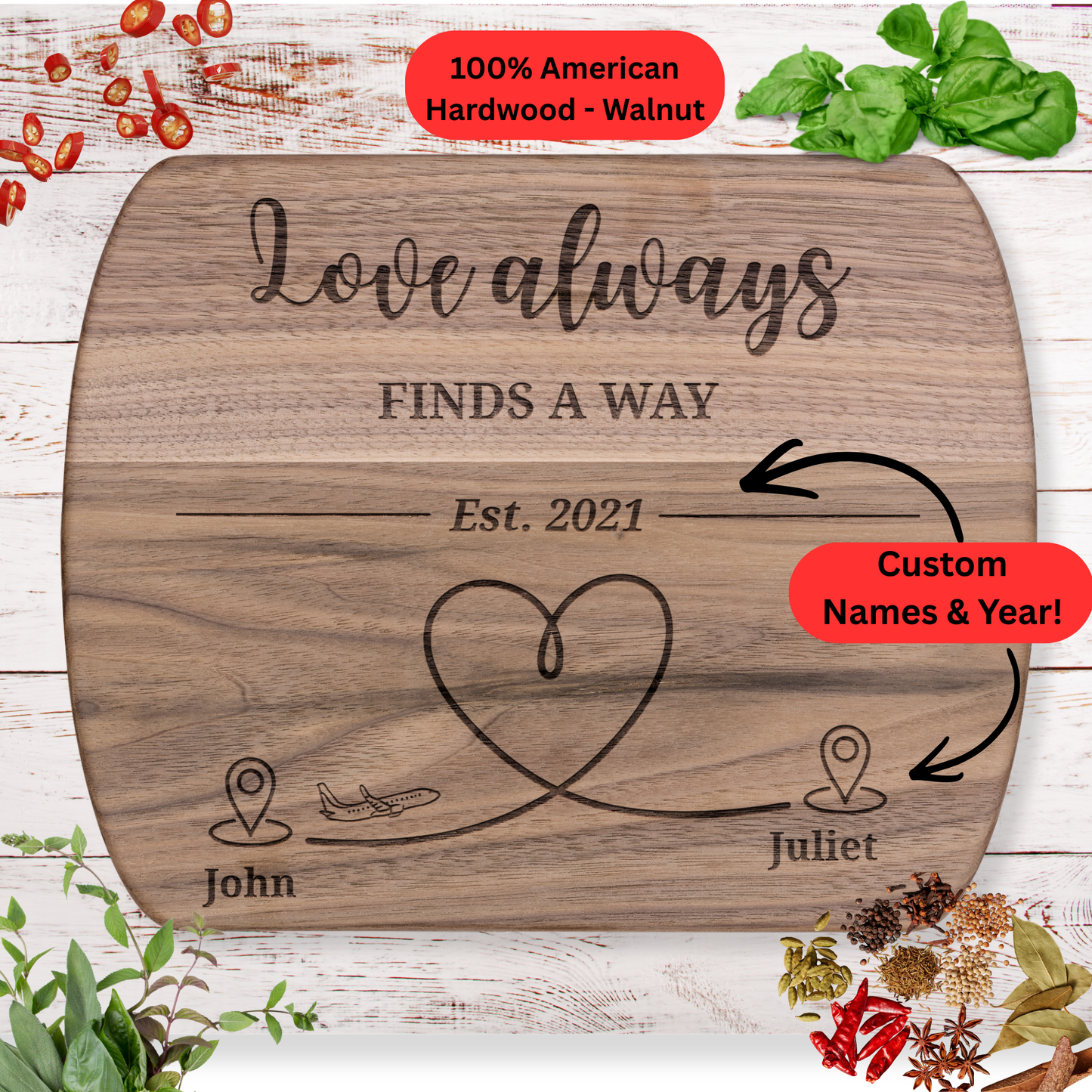 Long Distance Love Cutting Board. Personalized Names Gift. Romantic Gift for Someone Far Away. Maple or Walnut