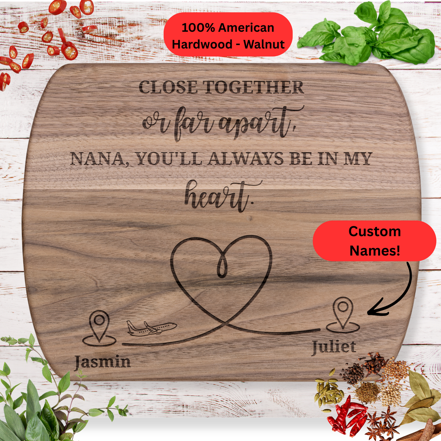 Nana Long Distance Gift Cutting Board. Personalized Names. Meaningful Gift for Grandma from Afar. Maple or Walnut
