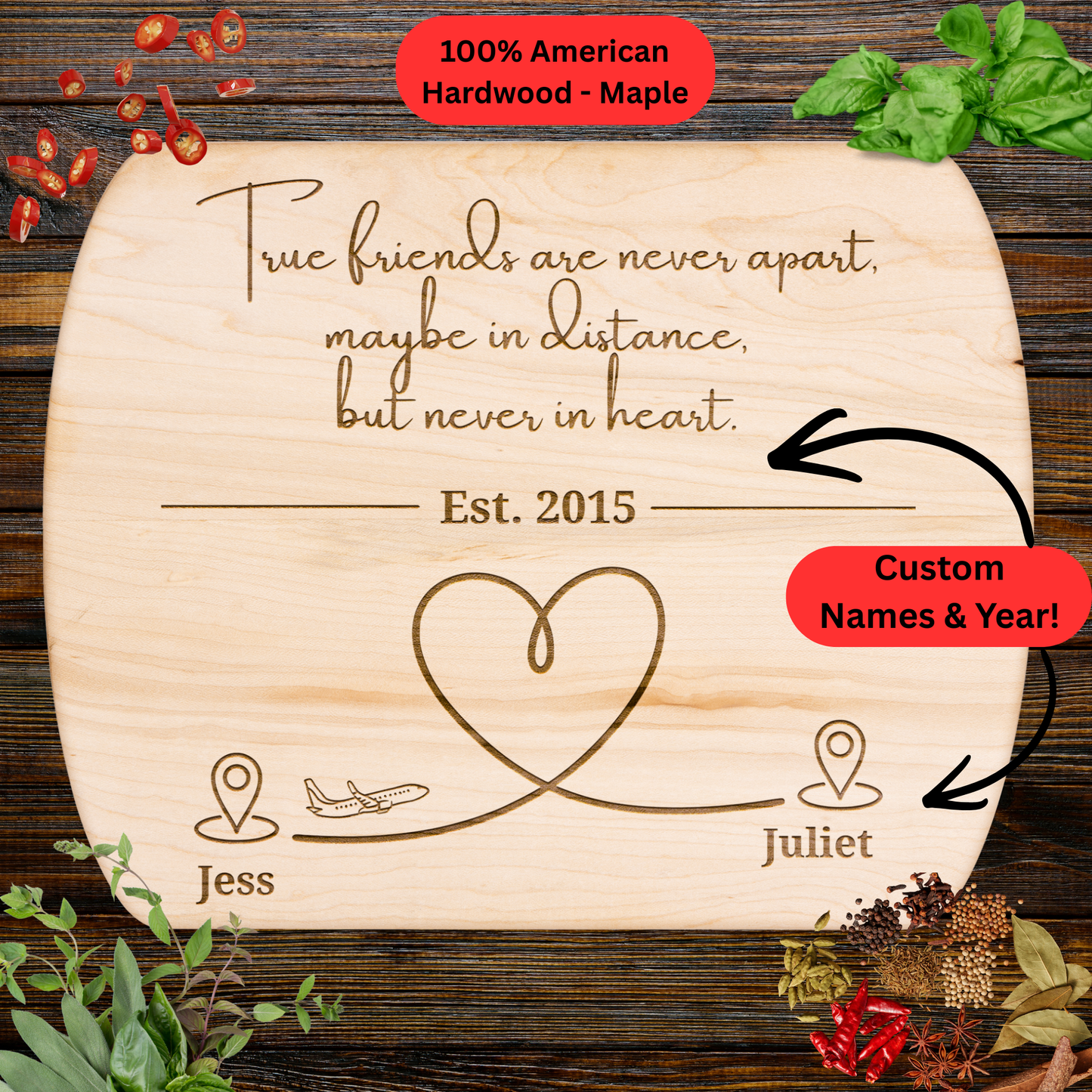 Long Distance Friendship Cutting Board. Personalized Names and Year. Heart Map Gift for Best Friends Far Away. Maple or Walnut