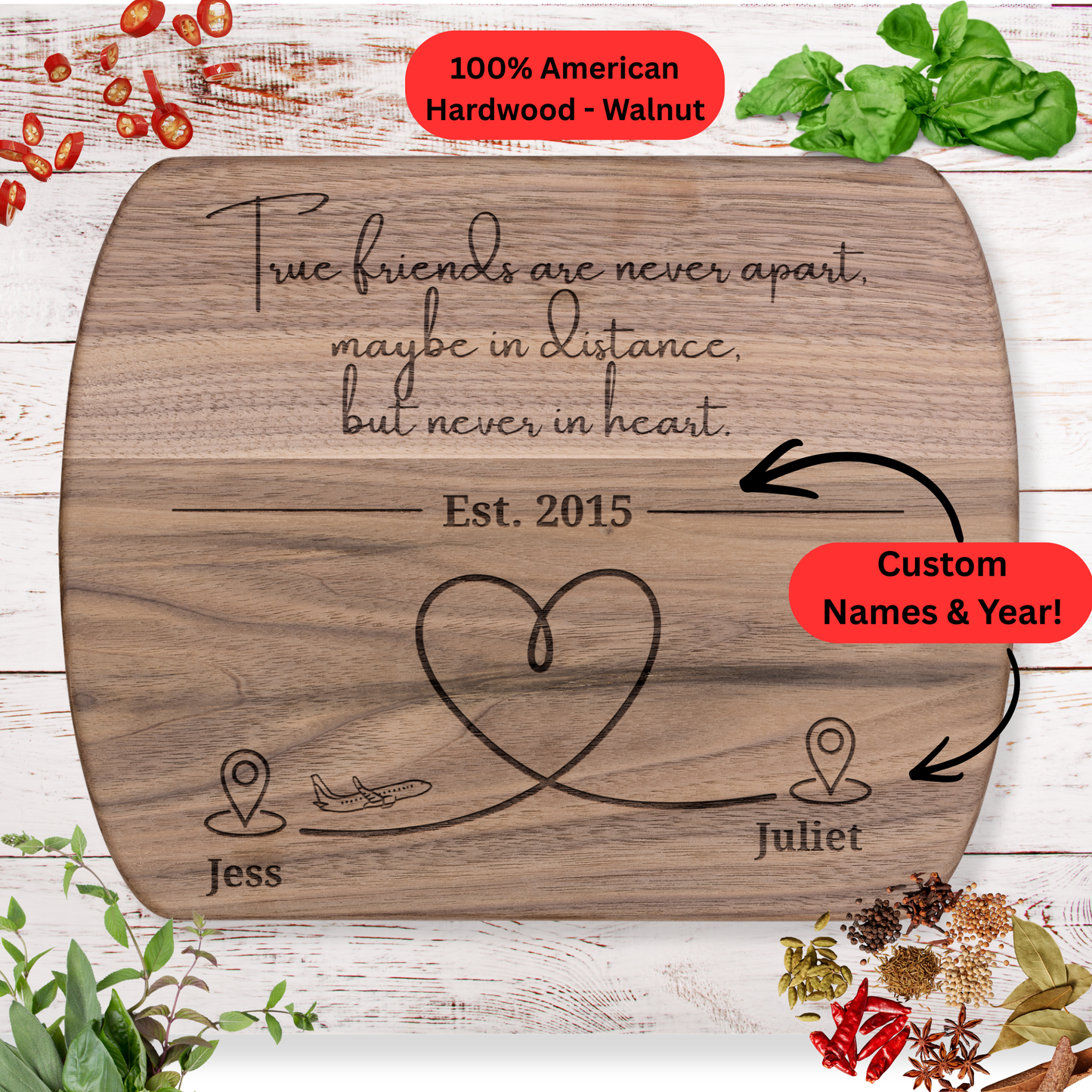 Long Distance Friendship Cutting Board. Personalized Names and Year. Heart Map Gift for Best Friends Far Away. Maple or Walnut