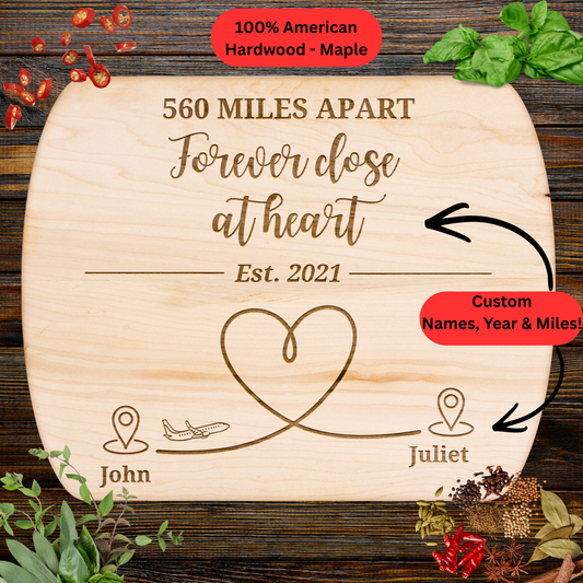 Long Distance Personalized Cutting Board. Custom Names, Year and Distance – Heart Map Gift for Loved Ones Far Away. Maple or Walnut