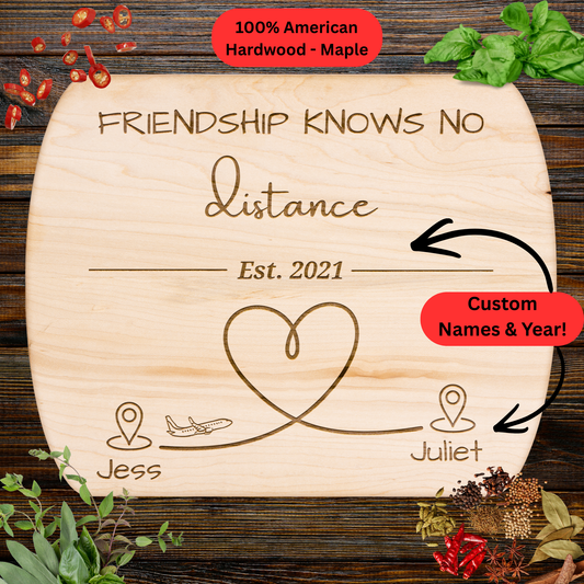 Long Distance Friendship Cutting Board. Personalized Names and Year. Heart Map Gift for Best Friends Far Away. Maple or Walnut