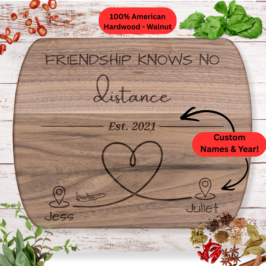 Long Distance Friendship Cutting Board. Personalized Names and Year. Heart Map Gift for Best Friends Far Away. Maple or Walnut