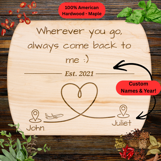 Long Distance Couple Gift Cutting Board. Personalized Names and Year. Heart Map Gift for Loved Ones Far Away. Maple or Walnut