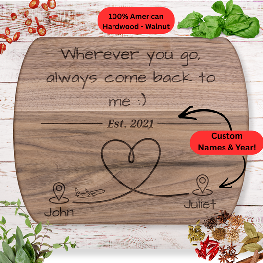Long Distance Couple Gift Cutting Board. Personalized Names and Year. Heart Map Gift for Loved Ones Far Away. Maple or Walnut