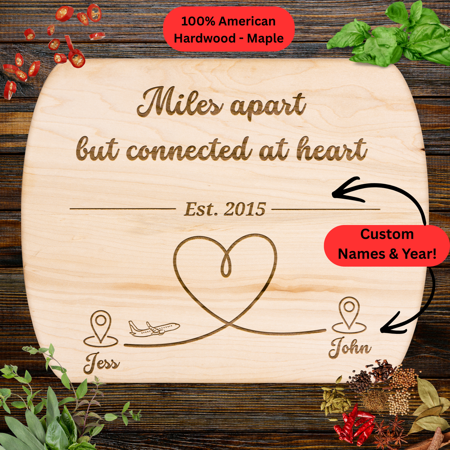 Long Distance Cutting Board. Personalized Long Distance Gift. Custom Names and Year. Meaningful Gift for Couples, Family and Friends