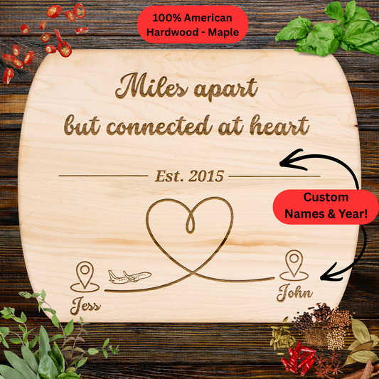 Long Distance Cutting Board. Personalized Long Distance Gift. Custom Names and Year. Meaningful Gift for Couples, Family and Friends
