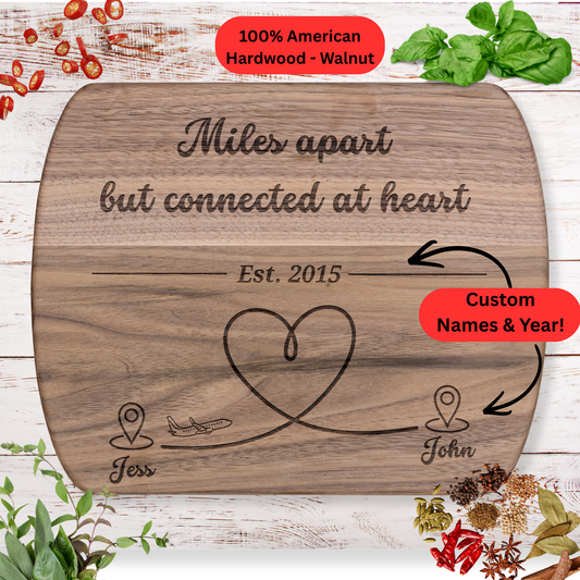 Long Distance Cutting Board. Personalized Long Distance Gift. Custom Names and Year. Meaningful Gift for Couples, Family and Friends