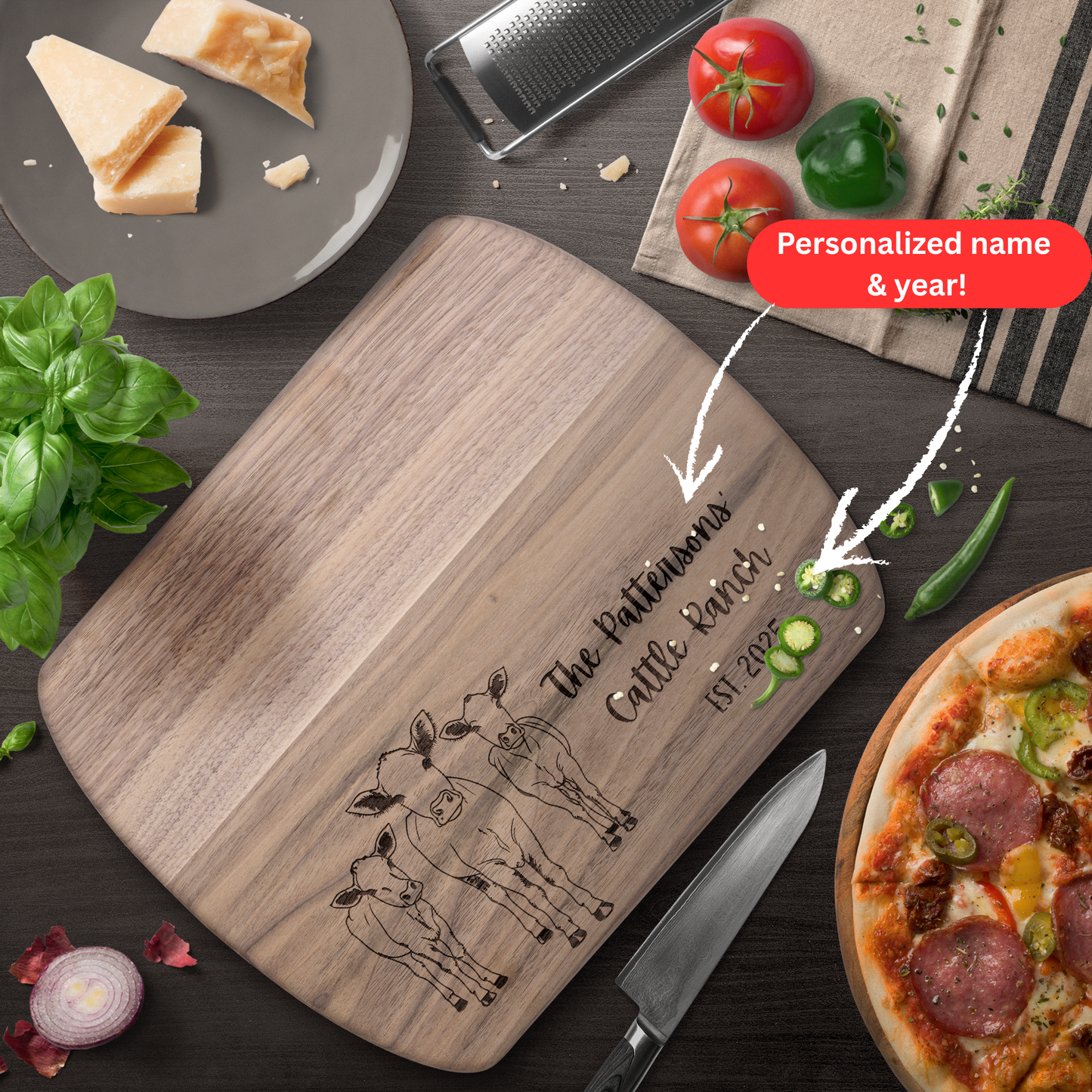 Personalized Ranch Cutting Board. Custom Family Name and Year with Cattle Design. Farmhouse Kitchen or Housewarming Gift. Ranch family gift.