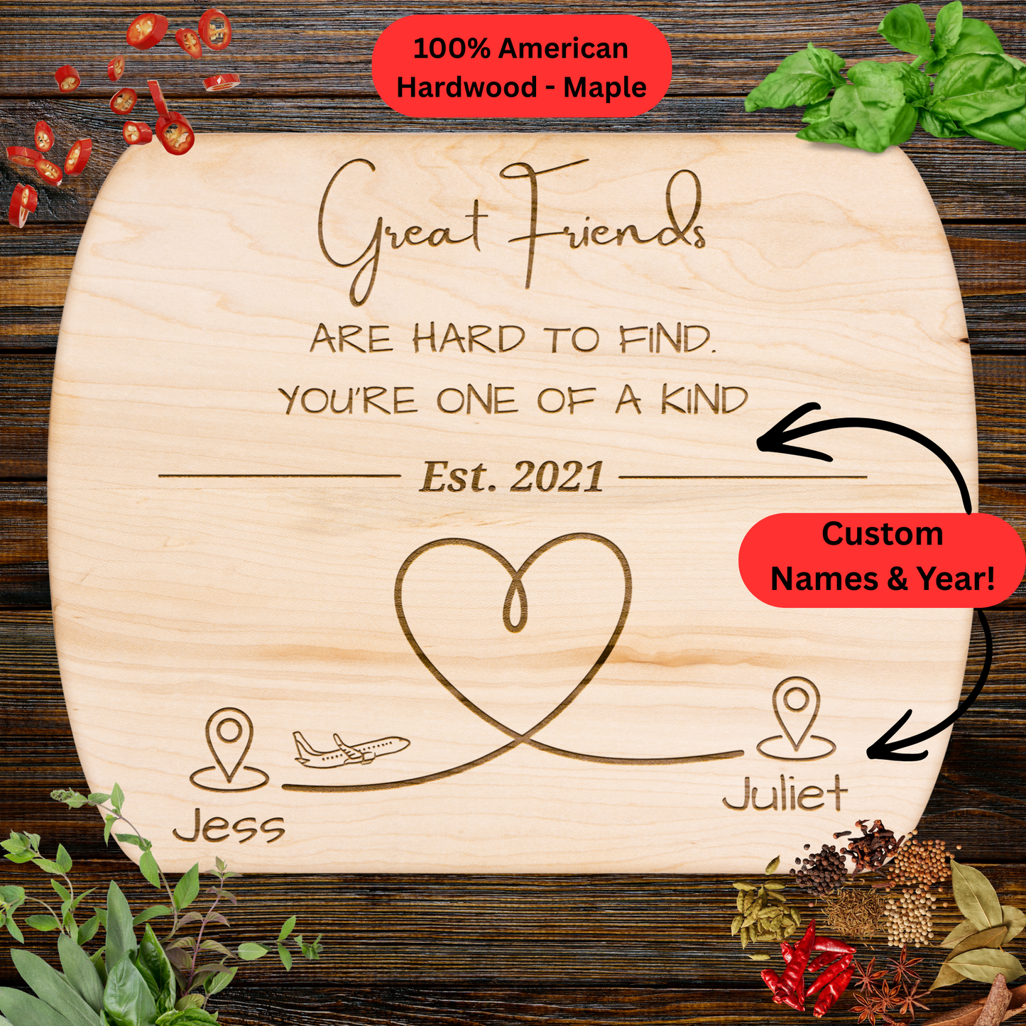 Custom Cutting Board. Personalized Long Distance Best Friend Gift. Custom Names and Year. Unique Friendship Gift from Afar
