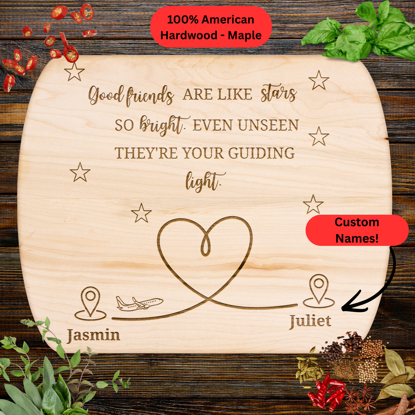 Personalized Friendship Gift. Custom Names. Meaningful Gift for Best Friend, Long Distance or Close By. Maple or Walnut