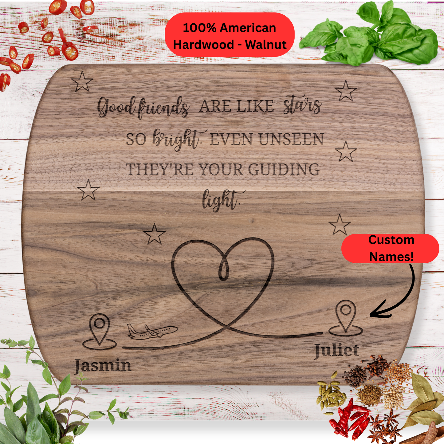 Personalized Friendship Gift. Custom Names. Meaningful Gift for Best Friend, Long Distance or Close By. Maple or Walnut