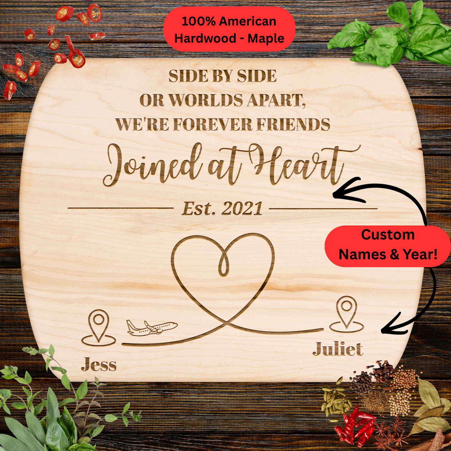 Personalized Long Distance Friendship Gift. Custom Names and Year. Forever Friends Keepsake. Maple or Walnut