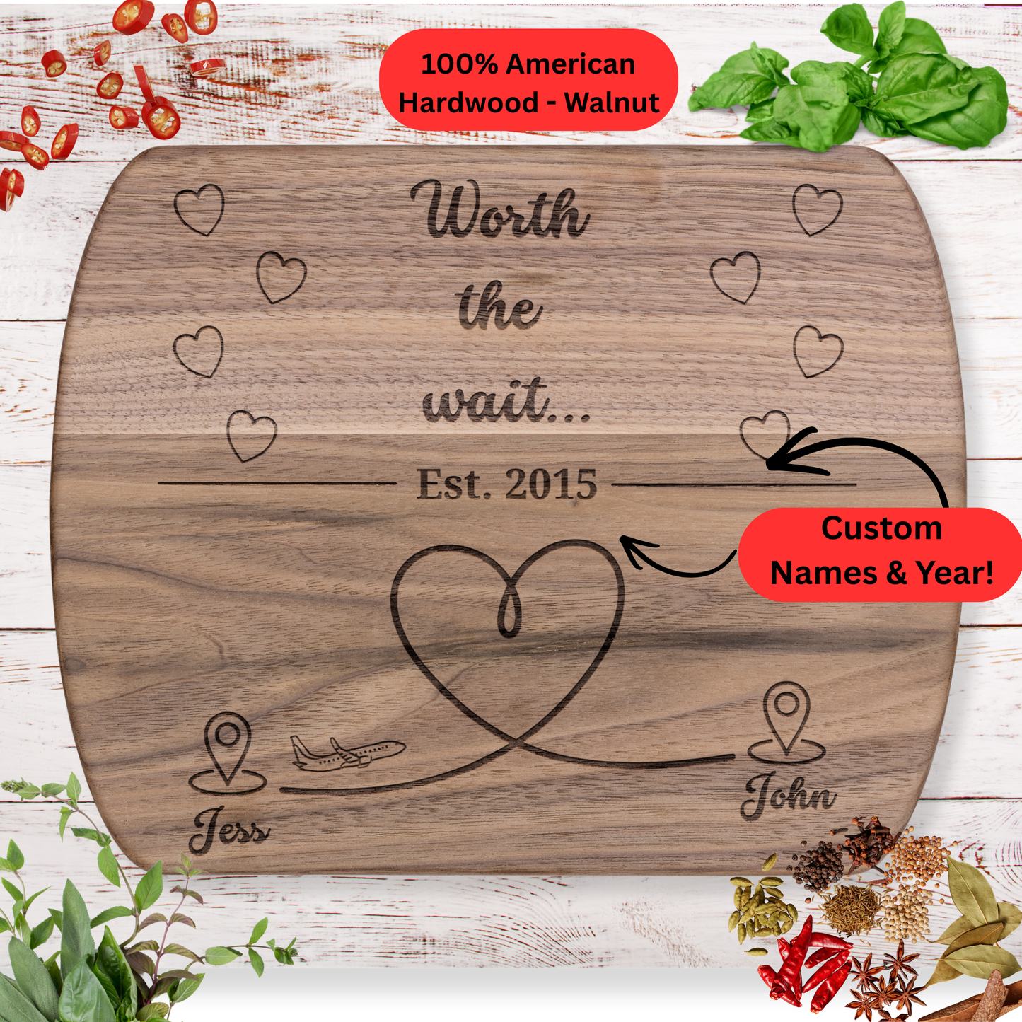 Personalized Long Distance Gift. Custom Names and Year. Meaningful Gift for Couples or Loved Ones Far Away. Maple or Walnut