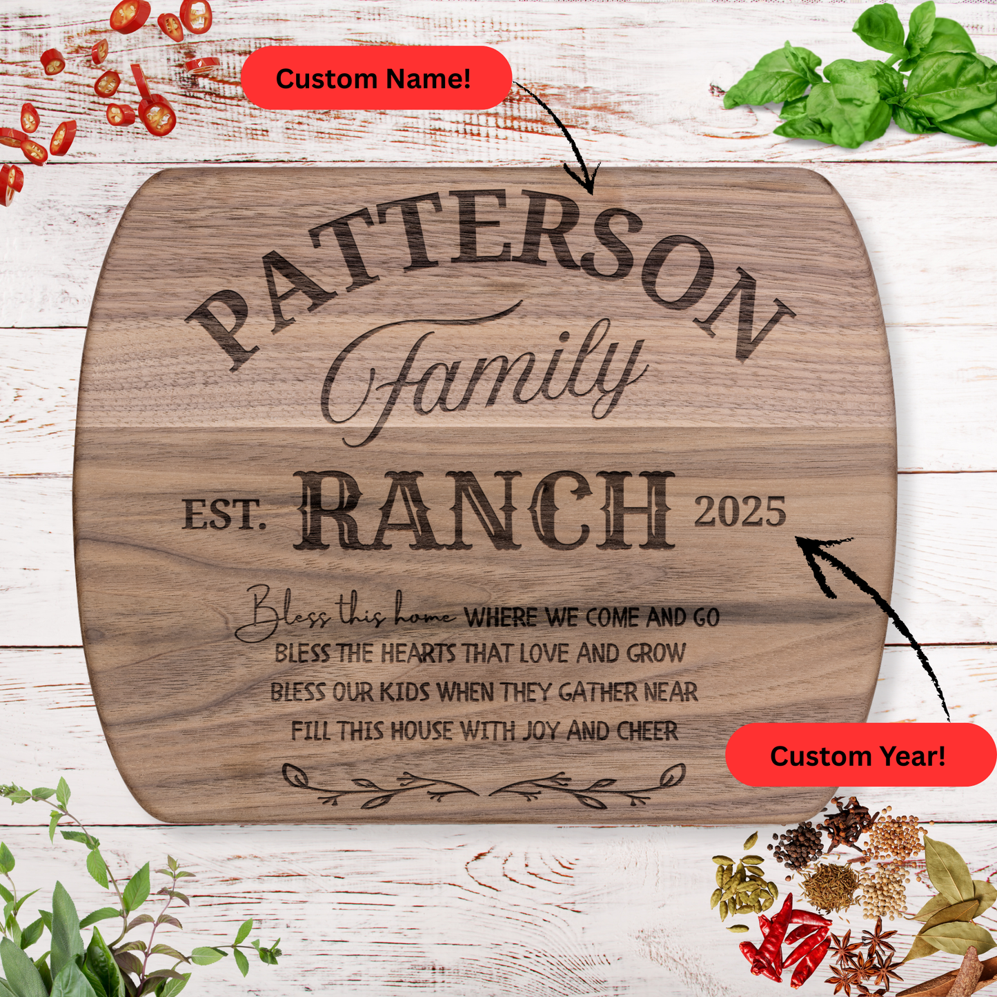 Personalized Family Ranch Cutting Board. Bless This Home. Custom Name and Year. Rustic Farmhouse Gift for Families. Family Ranch Gift