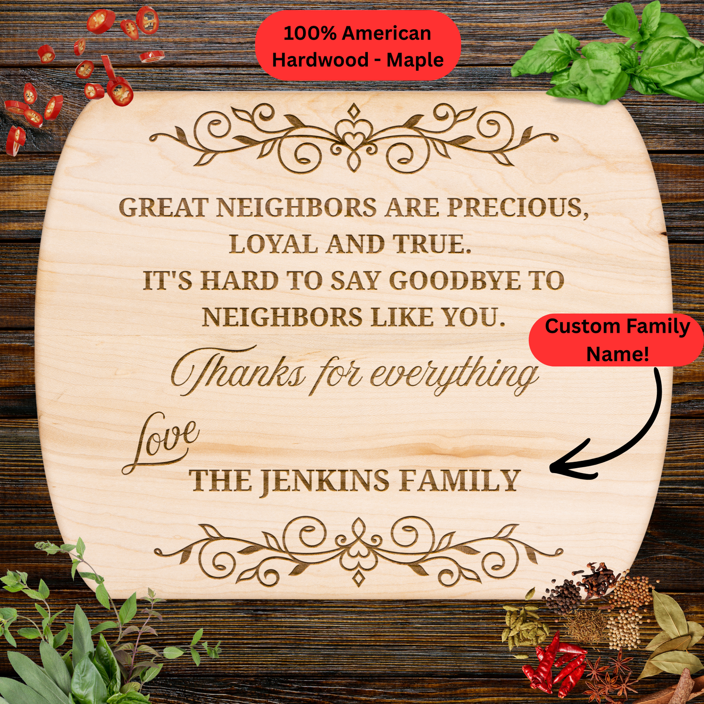 Neighbor Goodbye Cutting Board. Personalized Family Name Gift. Thank You and Farewell Gift for Neighbors. Meaningful Moving Away Gift