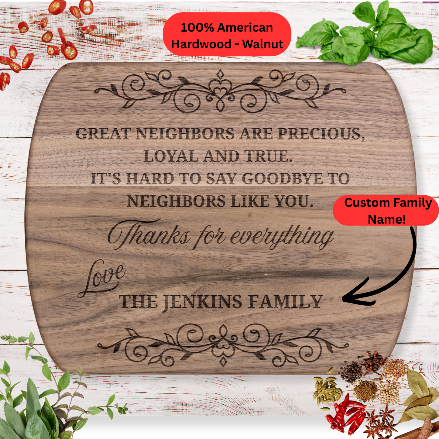 Neighbor Goodbye Cutting Board. Personalized Family Name Gift. Thank You and Farewell Gift for Neighbors. Meaningful Moving Away Gift