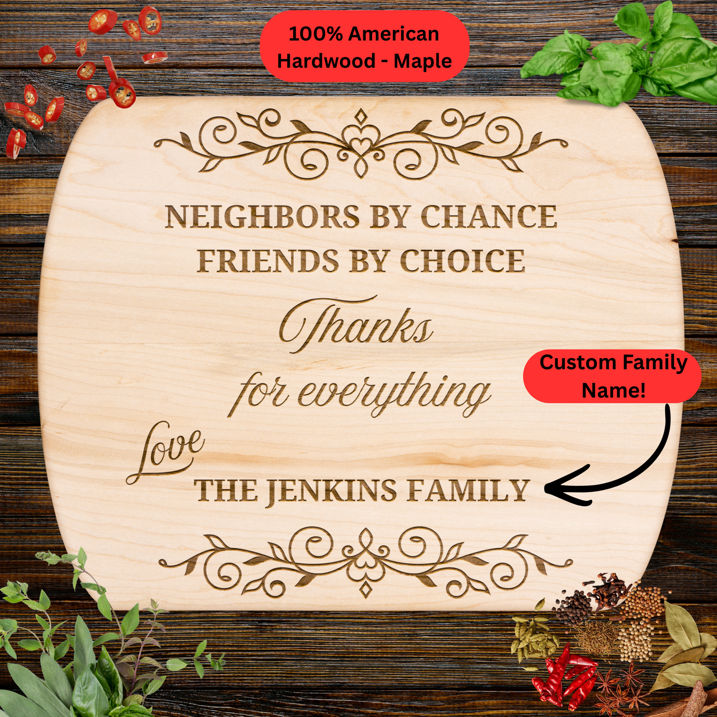 Neighbors by Chance Cutting Board. Personalized Family Name Gift. Thank You Gift for Neighbors. Friendship and Farewell Gift.