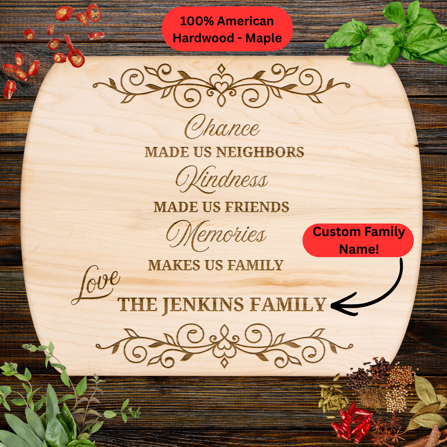 Neighbor Appreciation Cutting Board. Personalized Family Name Gift. Chance Made Us Neighbors Gift. Thank You or Farewell Gift for Neighbors