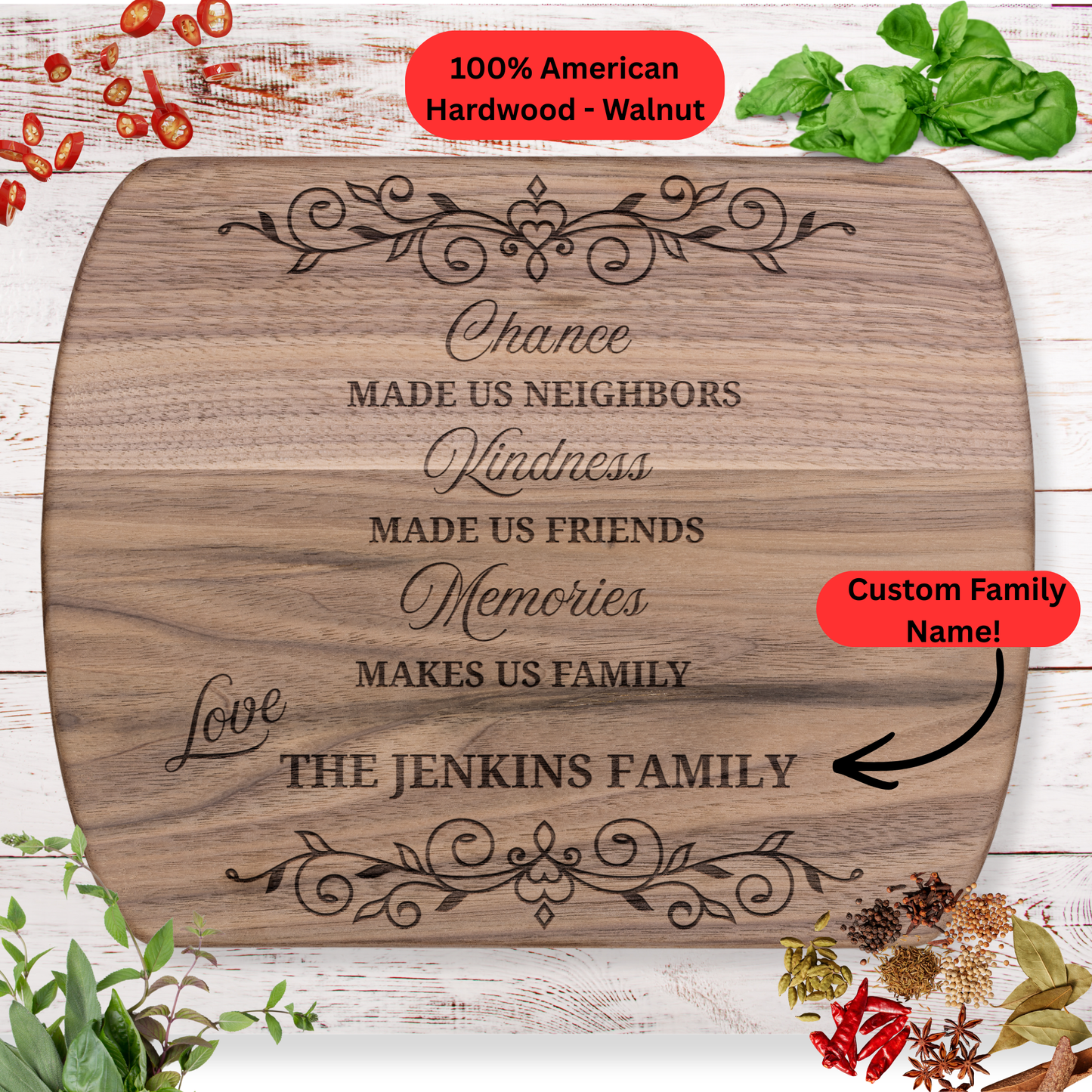 Neighbor Appreciation Cutting Board. Personalized Family Name Gift. Chance Made Us Neighbors Gift. Thank You or Farewell Gift for Neighbors