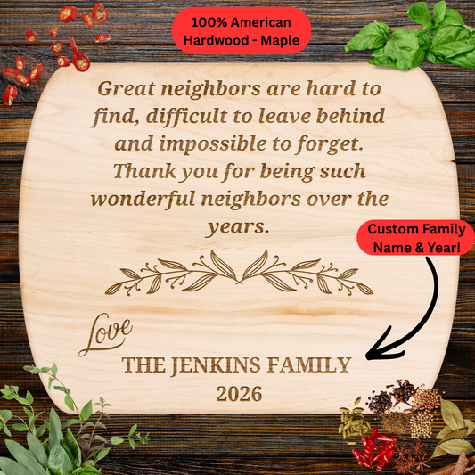 Personalized Neighbor Moving Away Gift Cutting Board. Custom Family Name and Year. Farewell Friendship Keepsake.