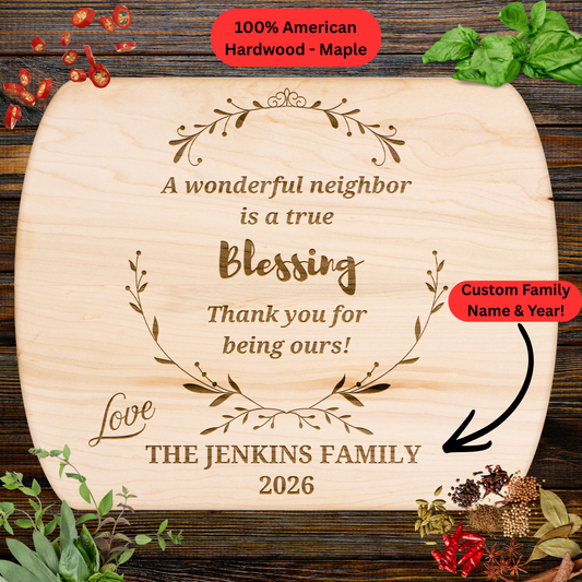 Personalized Neighbor Gift Cutting Board. Custom Family Name and Year. Thank You Friendship Keepsake