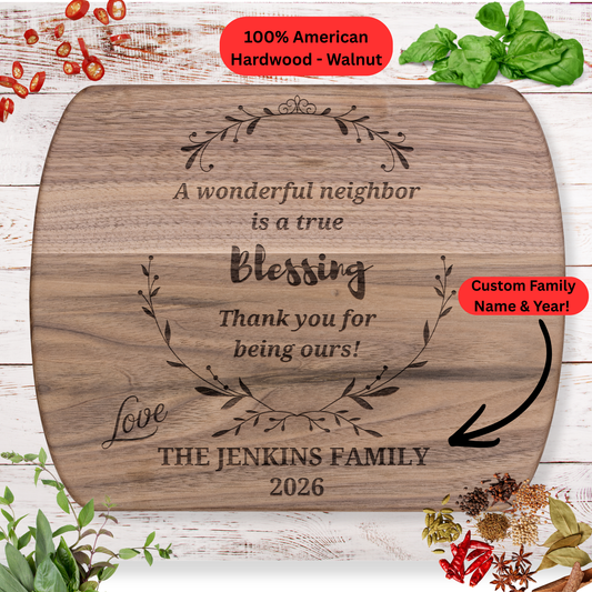 Personalized Neighbor Gift Cutting Board. Custom Family Name and Year. Thank You Friendship Keepsake