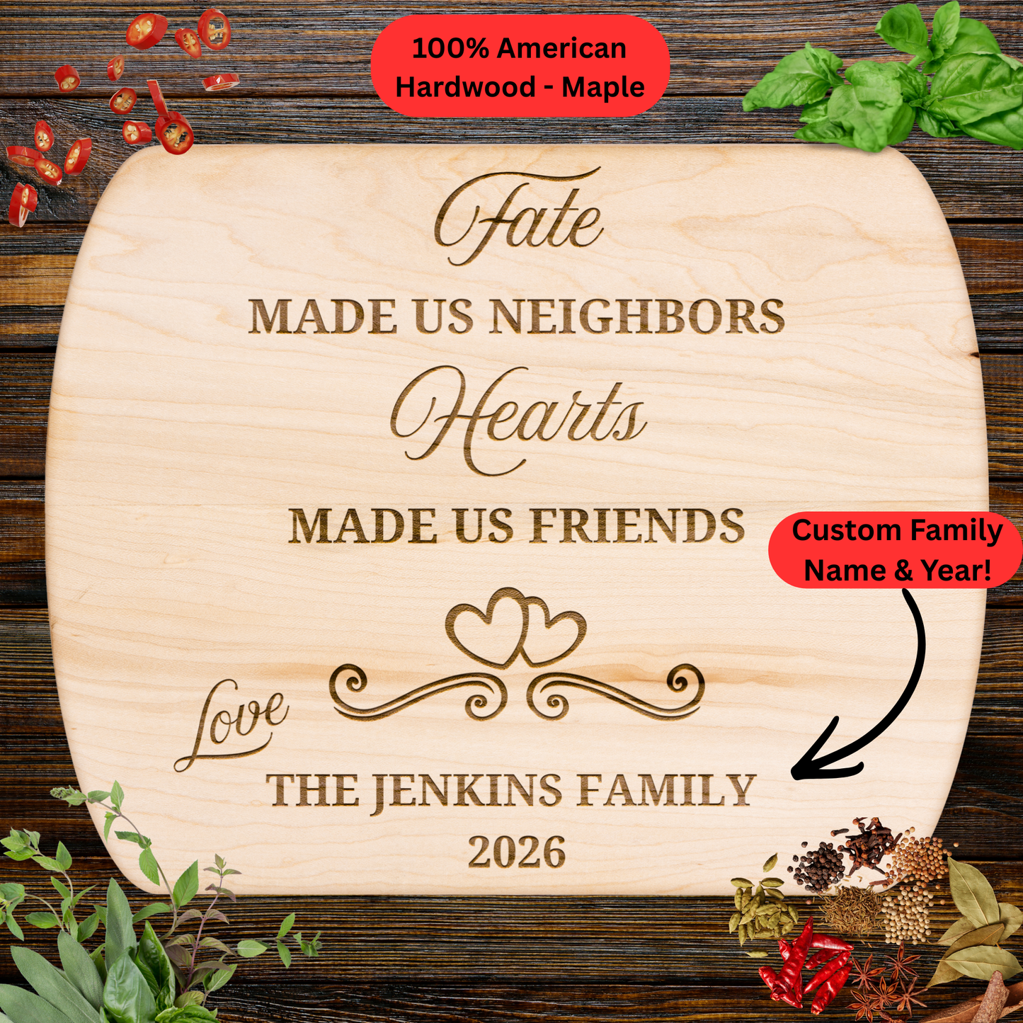 Personalized Neighbor Gift Cutting Board. Custom Family Name and Year. Friendship Keepsake