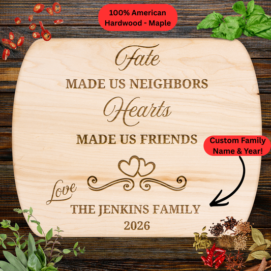 Personalized Neighbor Gift Cutting Board. Custom Family Name and Year. Friendship Keepsake