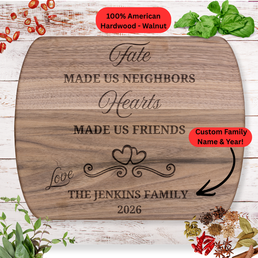 Personalized Neighbor Gift Cutting Board. Custom Family Name and Year. Friendship Keepsake