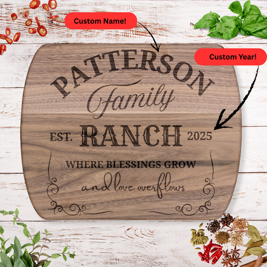Personalized Ranch Cutting Board. Custom Family Name and Year. Rustic Farmhouse Gift. Christian family Gift. Ranch Family Gift