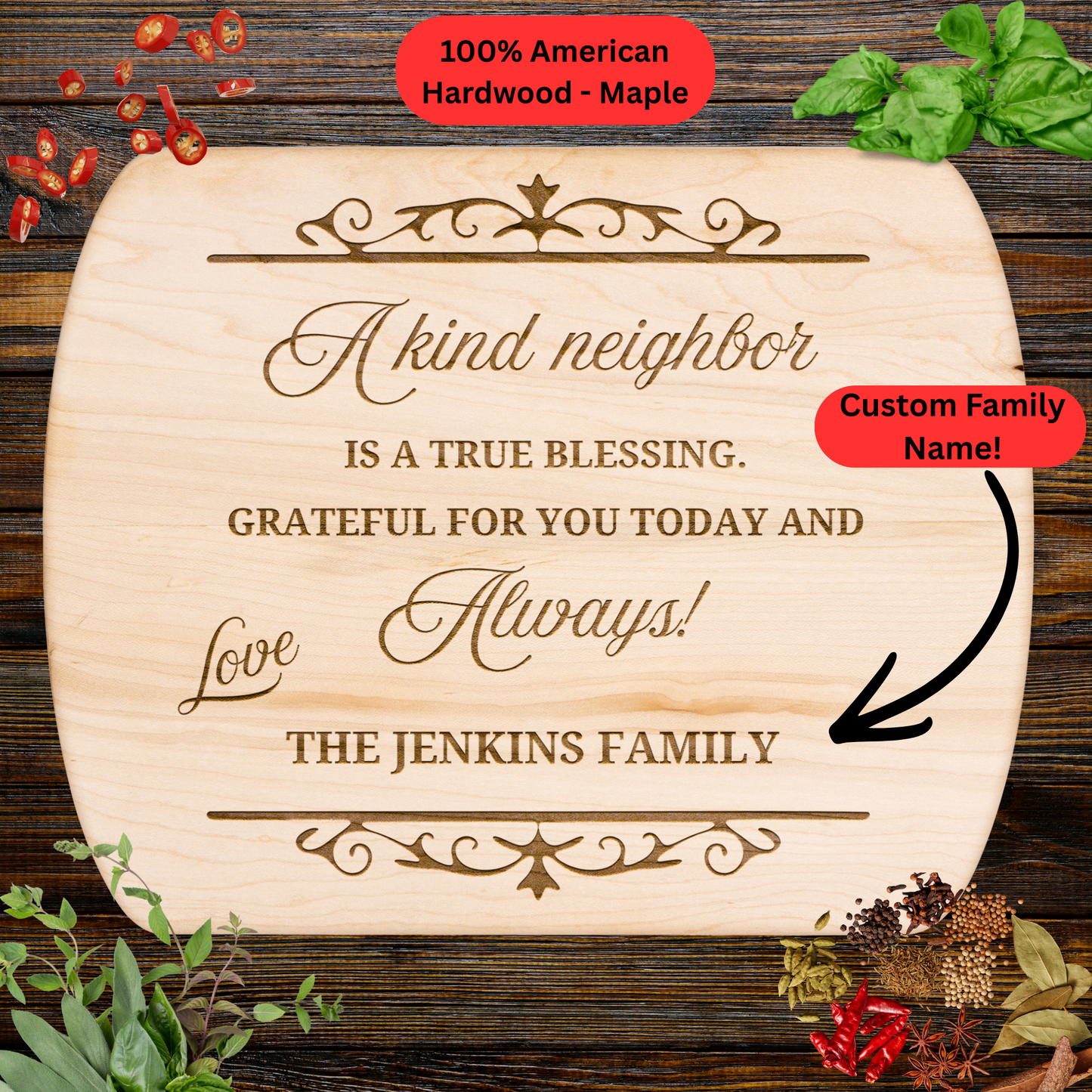 Personalized Neighbor Cutting Board Gift. Custom Family Name Engraved Board. Thoughtful Housewarming or Thank You Gift