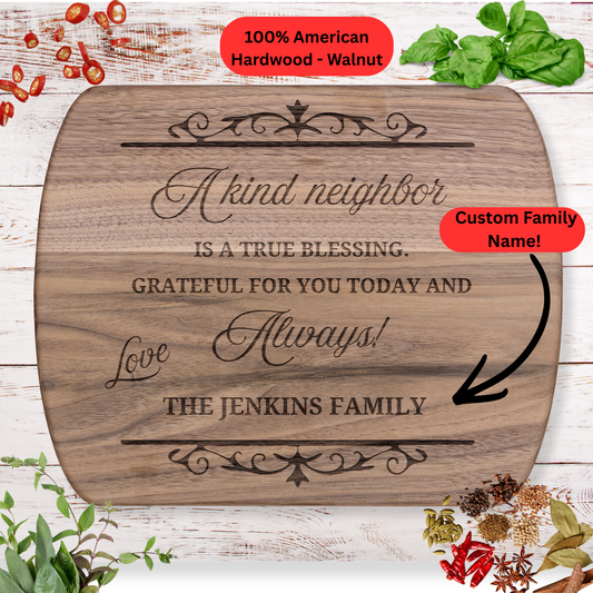 Personalized Neighbor Cutting Board Gift. Custom Family Name Engraved Board. Thoughtful Housewarming or Thank You Gift